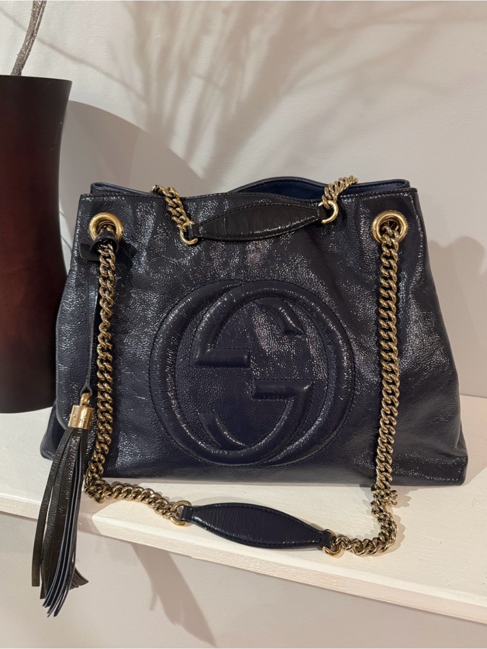 Gucci Soho Patent Leather Chain Tote Bag Navy Blue With Tassel